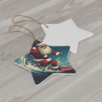 Santa Claus Surfing Ceramic Ornament