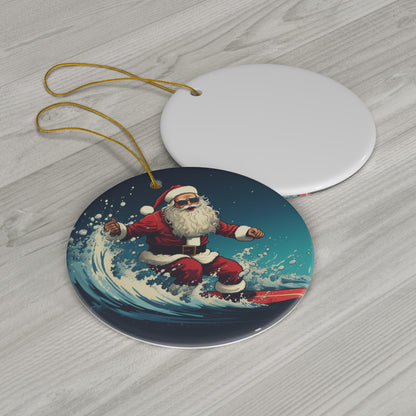 Santa Claus Surfing Ceramic Ornament