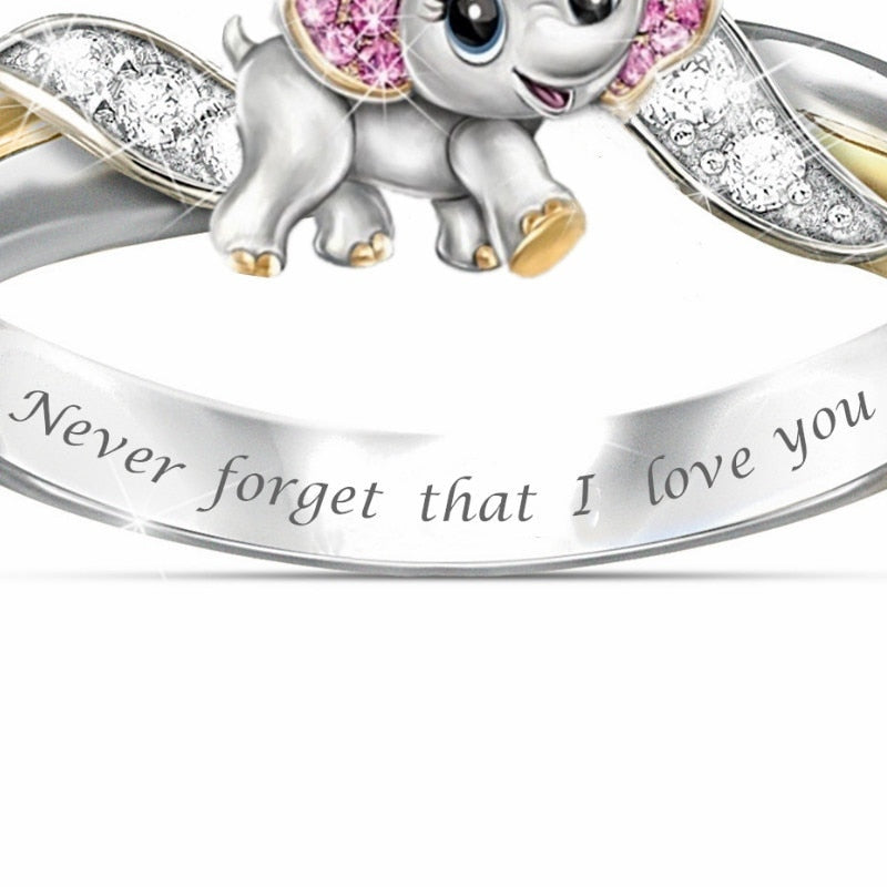 Never Forget I Love You Silver Cute Pink Elephant Crystal Zircon Engagement Ring Accessories Lover's Gift Anniversary Jewelry