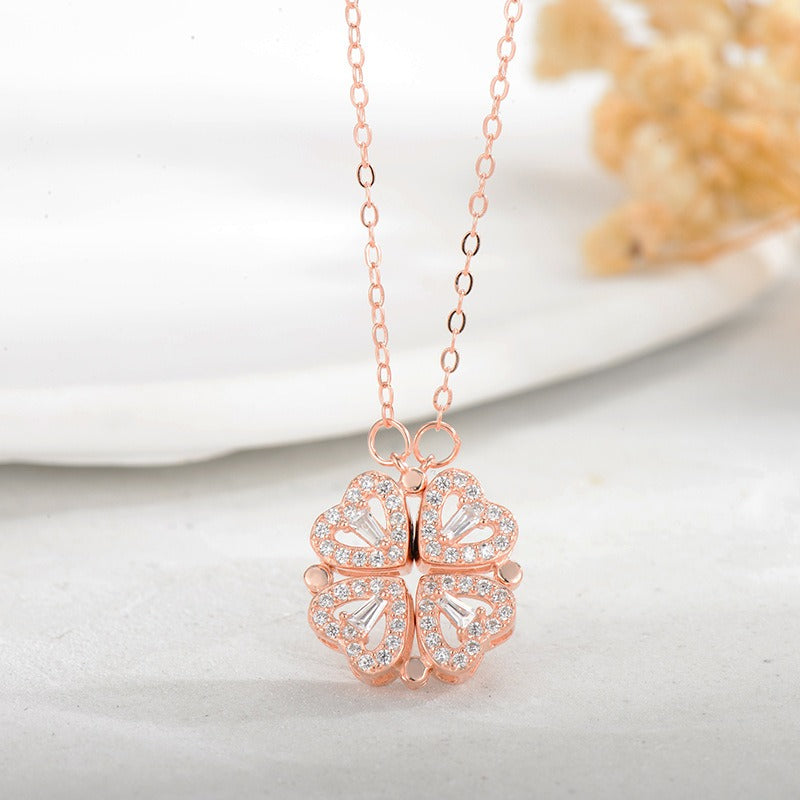 St. Patricks Day Sterling Silver S925 Love Clover Necklace for Women, Two Wear Necklace, Fashionable Design