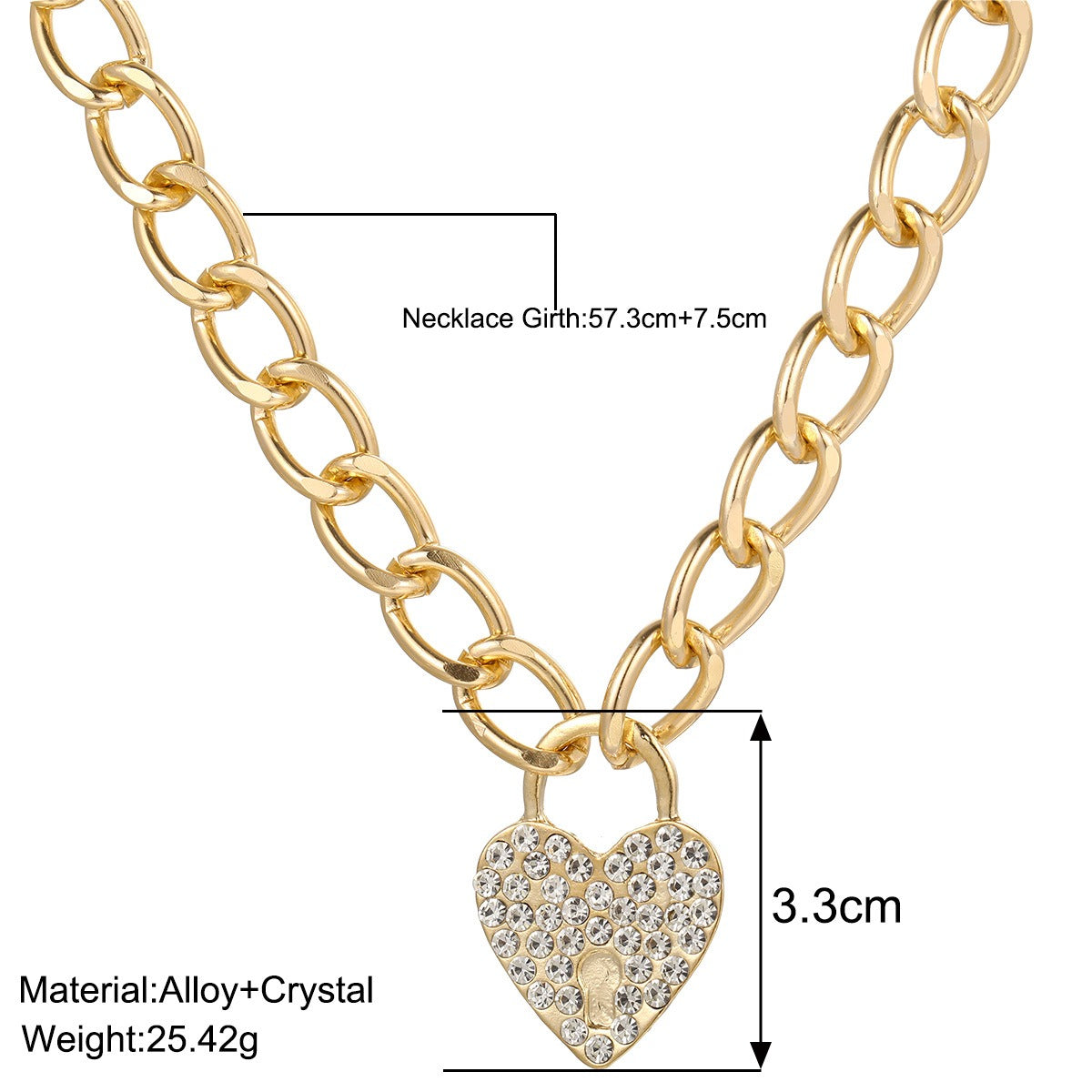 New Valentines Day Diamond Heart Thick Chain Necklace for Women's Individualized Hip Hop Style, Small Design, Fashion, Trendy Necklace