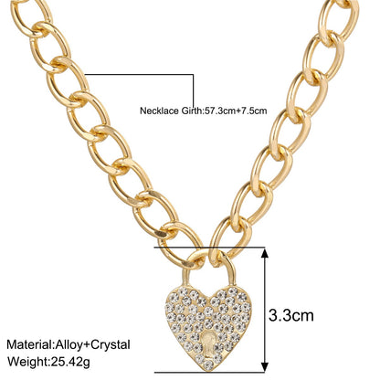 New Valentines Day Diamond Heart Thick Chain Necklace for Women's Individualized Hip Hop Style, Small Design, Fashion, Trendy Necklace