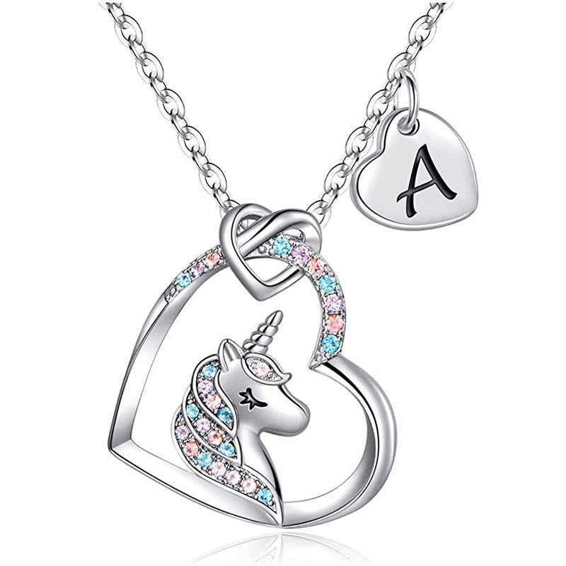 Valentines Day Gifts - Unicorn Gifts for Girls, s925 silver love letter necklace, female heart shaped silver pendant, neck chain, engraved children's