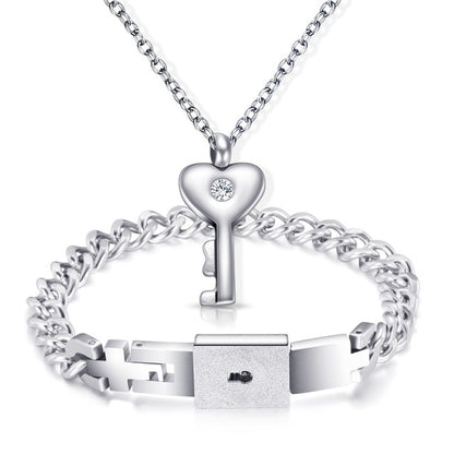 Valentines Day Gift - Couple Lovers Jewelry Love Heart Lock Bracelet Stainless Steel Bracelets Bangles Key Pendant Necklace Jewelry