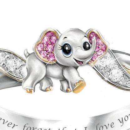 Never Forget I Love You Silver Cute Pink Elephant Crystal Zircon Engagement Ring Accessories Lover's Gift Anniversary Jewelry