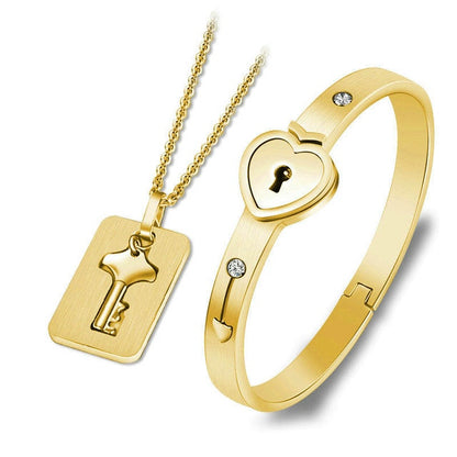 Valentines Day Gift - Couple Lovers Jewelry Love Heart Lock Bracelet Stainless Steel Bracelets Bangles Key Pendant Necklace Jewelry