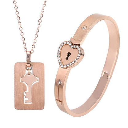 Valentines Day Gift - Couple Lovers Jewelry Love Heart Lock Bracelet Stainless Steel Bracelets Bangles Key Pendant Necklace Jewelry