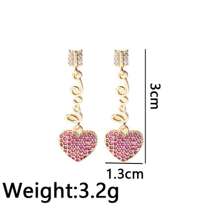 Valentines Day Love Copper Plated 18K Gold Micro Set Zircon Earrings for Women