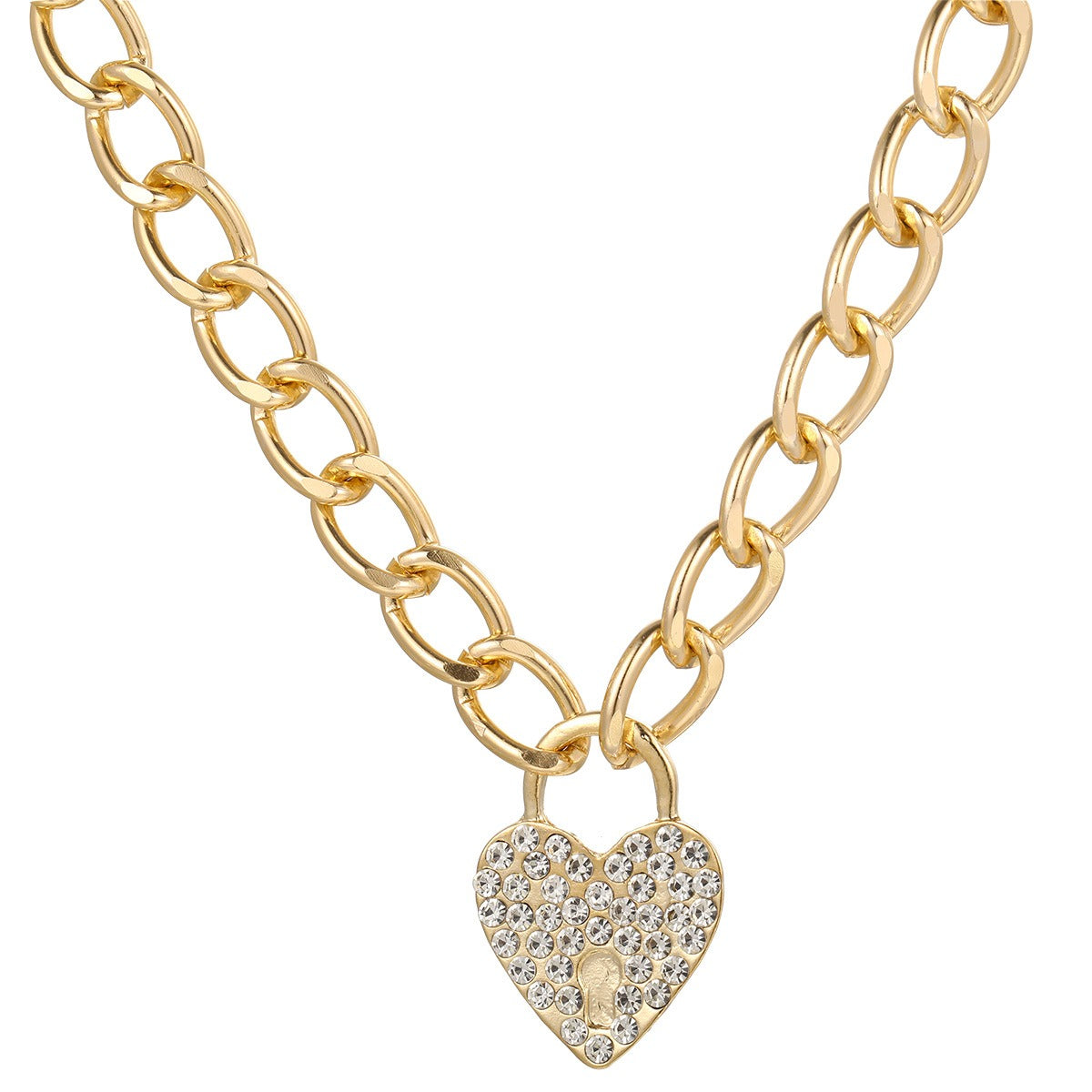 New Valentines Day Diamond Heart Thick Chain Necklace for Women's Individualized Hip Hop Style, Small Design, Fashion, Trendy Necklace