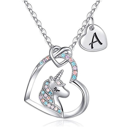 Valentines Day Gifts - Unicorn Gifts for Girls, s925 silver love letter necklace, female heart shaped silver pendant, neck chain, engraved children's