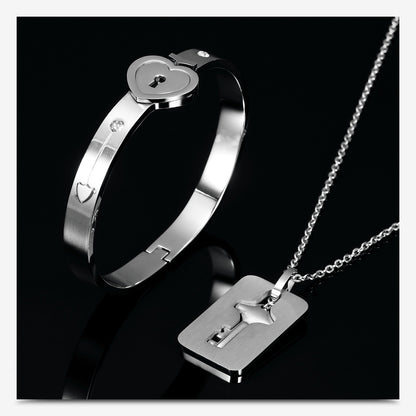 Valentines Day Gift - Couple Lovers Jewelry Love Heart Lock Bracelet Stainless Steel Bracelets Bangles Key Pendant Necklace Jewelry