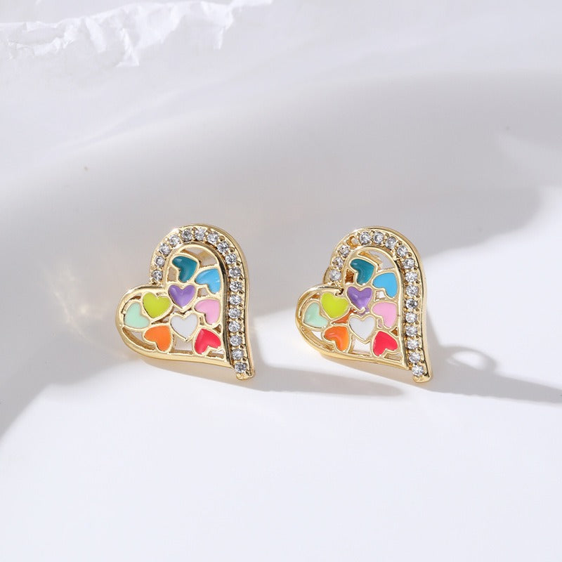 Valentines Day 18K Gold Plated Micro Inlaid Zircon Oil Dropping Heart Earrings