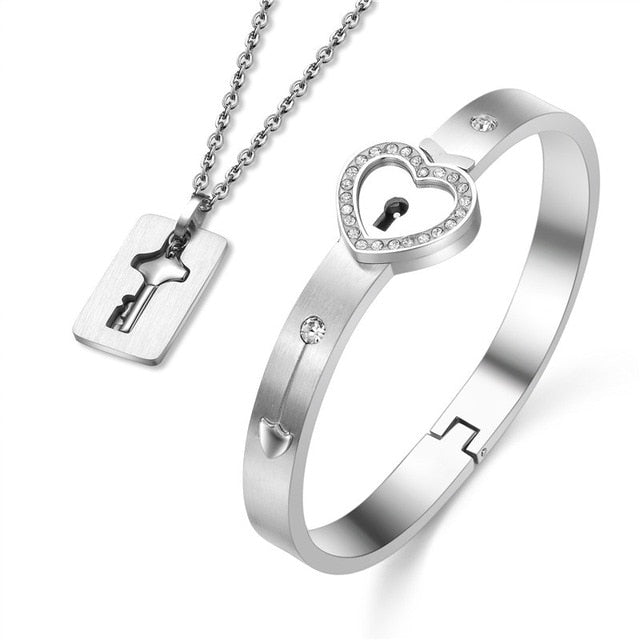 Valentines Day Gift - Couple Lovers Jewelry Love Heart Lock Bracelet Stainless Steel Bracelets Bangles Key Pendant Necklace Jewelry