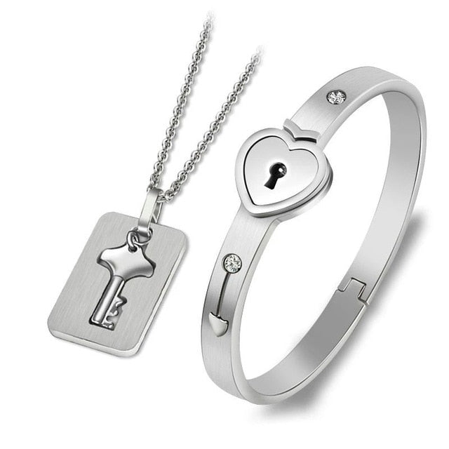 Valentines Day Gift - Couple Lovers Jewelry Love Heart Lock Bracelet Stainless Steel Bracelets Bangles Key Pendant Necklace Jewelry